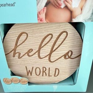 Pearhead Wood 'hello world' Nursery Sign - Natural Wood Tone with Teal Packaging